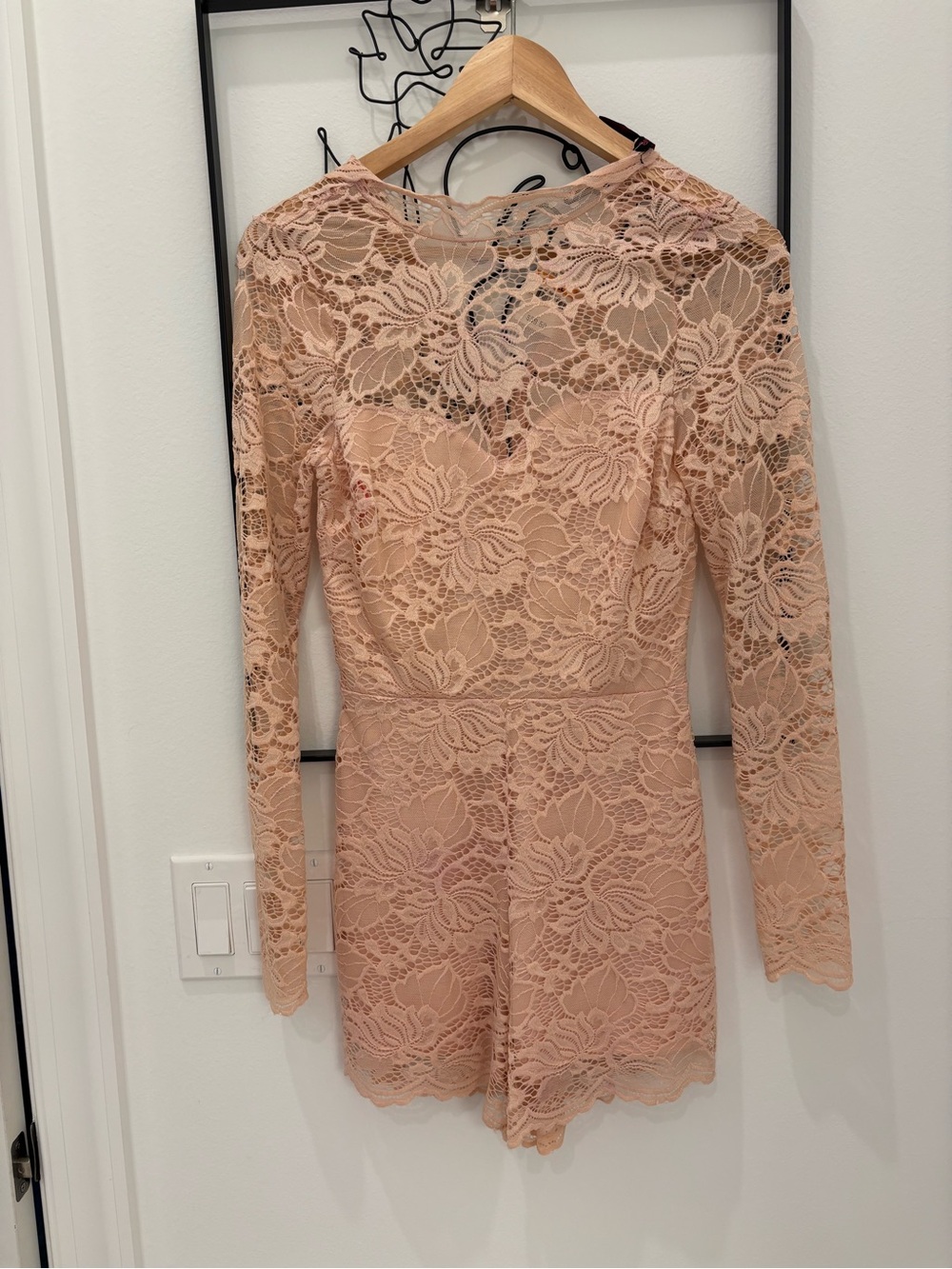Material Girl Nude Blush Lace Long-Sleeve Romper